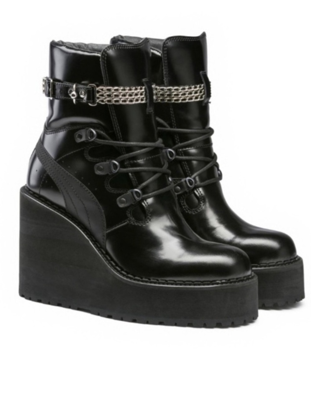 Puma x Fenty Rhianna Black Platform Lace-Up Ankle Boots with Chain Accent